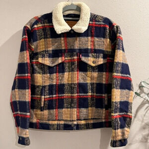 Levi’s Plaid Tweed Wool Blend Trucker Jacket Sherpa Snap Buttons Size Small EUC